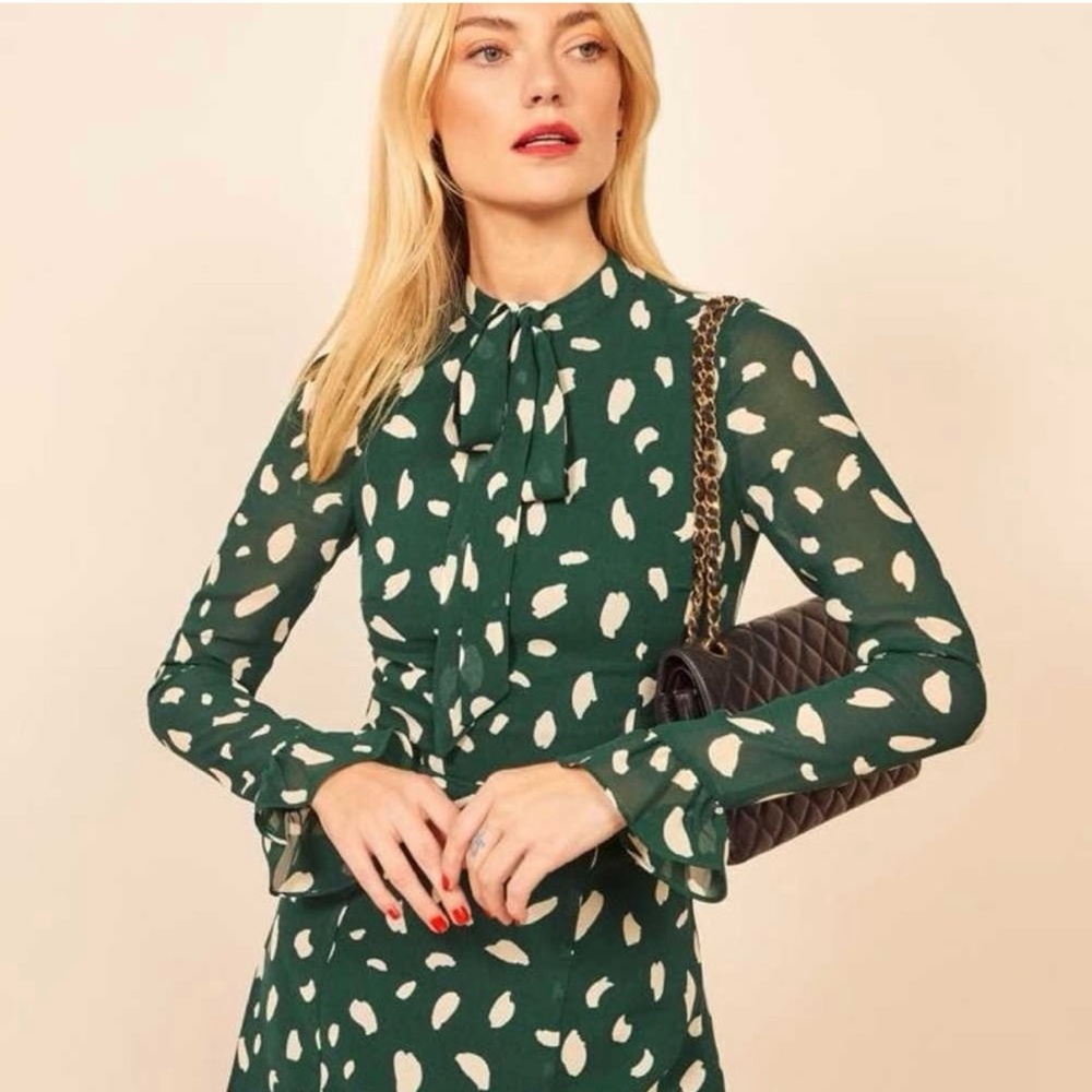Reformation Fox Dress in Fen Size 4 Geometric Christmas Dress Holidays - Picture 4 of 11